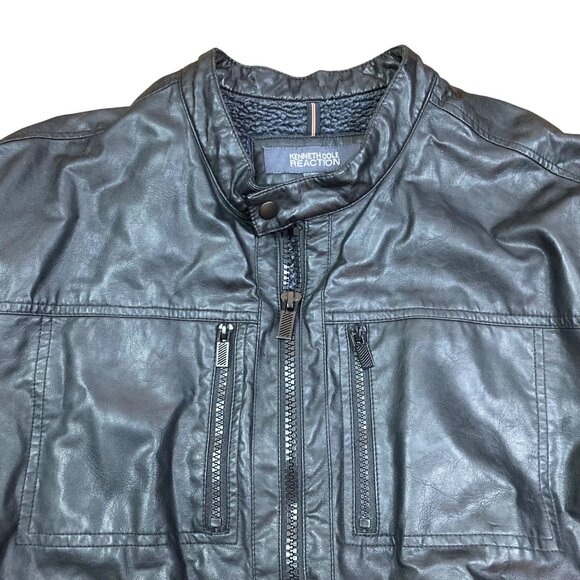 Kenneth Cole Reaction Mens Black Faux Leather Jacket XXL Sherpa Lined Very Nice - Picture 5 of 11